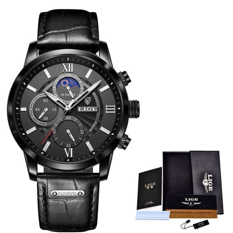 LIGE Leather Strap Watch