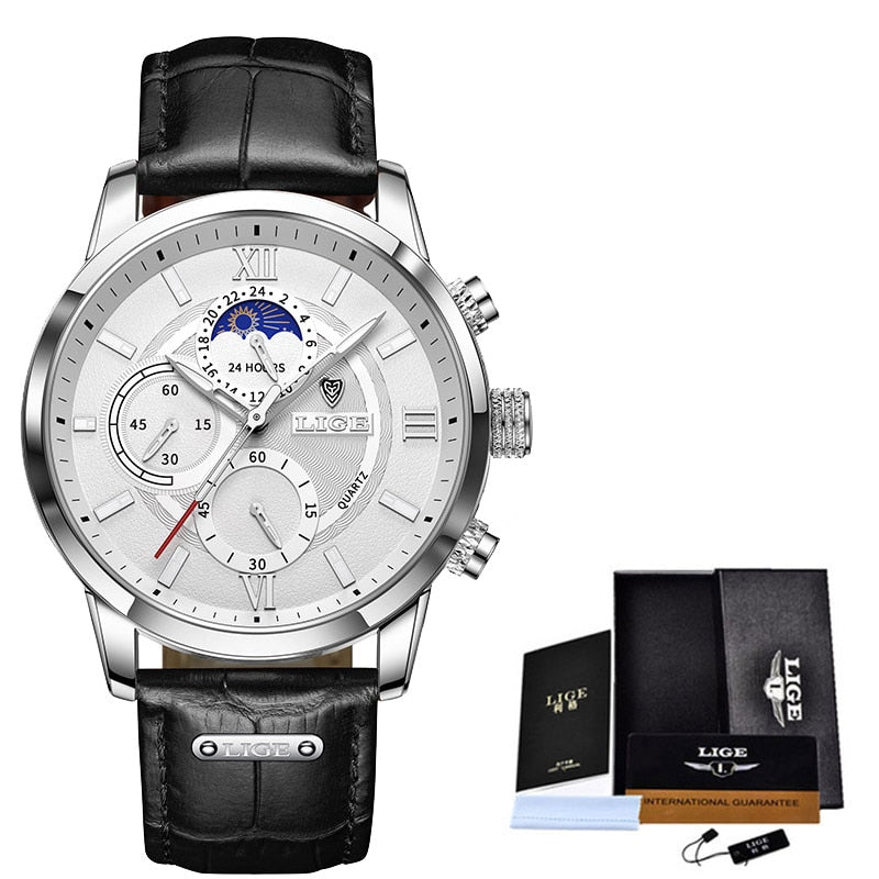 LIGE Leather Strap Watch