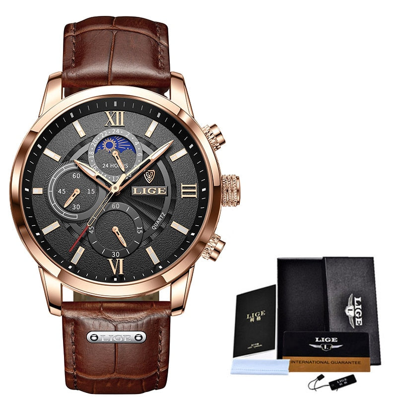 LIGE Leather Strap Watch