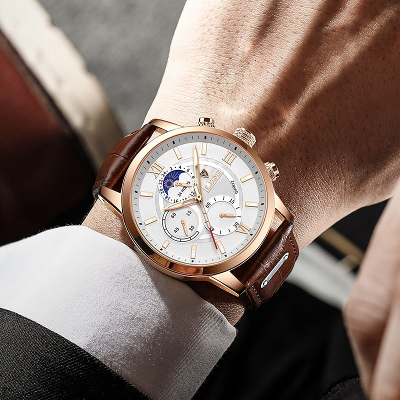 LIGE Leather Strap Watch
