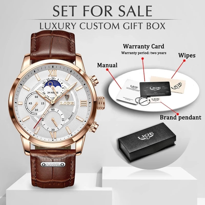 LIGE Leather Strap Watch