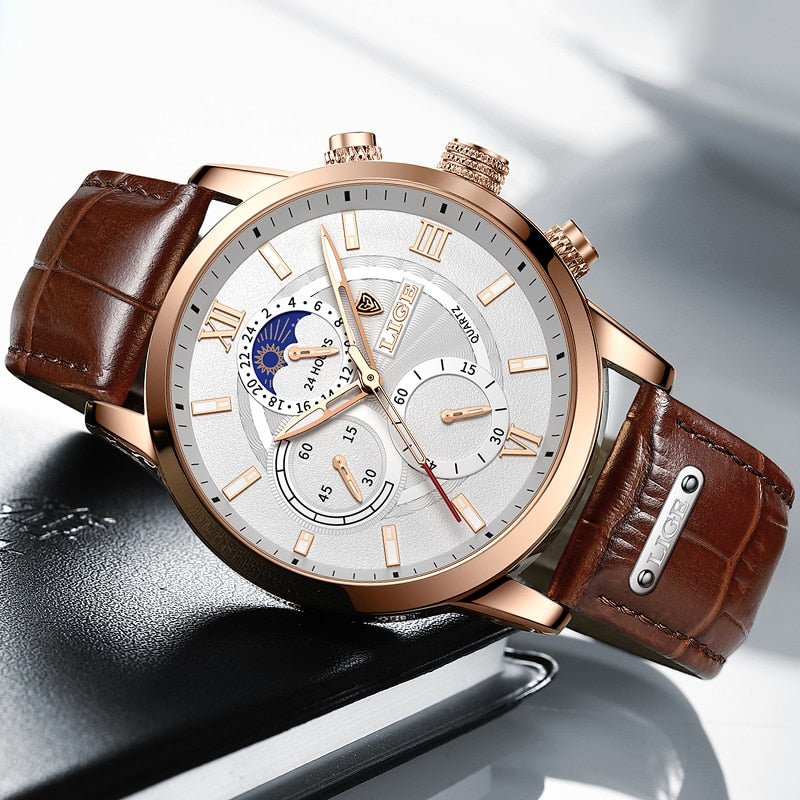 LIGE Leather Strap Watch