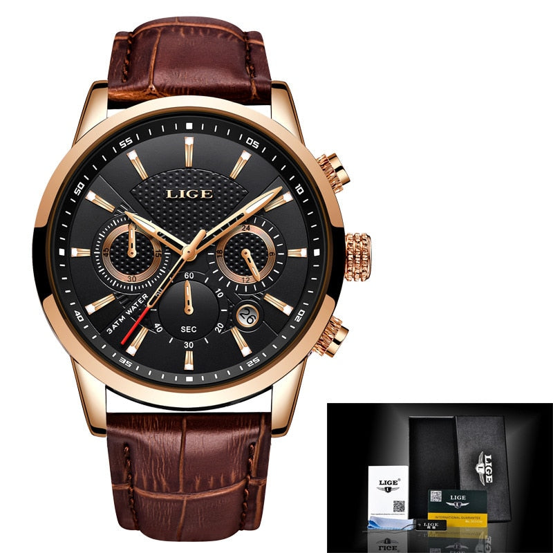 LIGE Leather Strap Watch