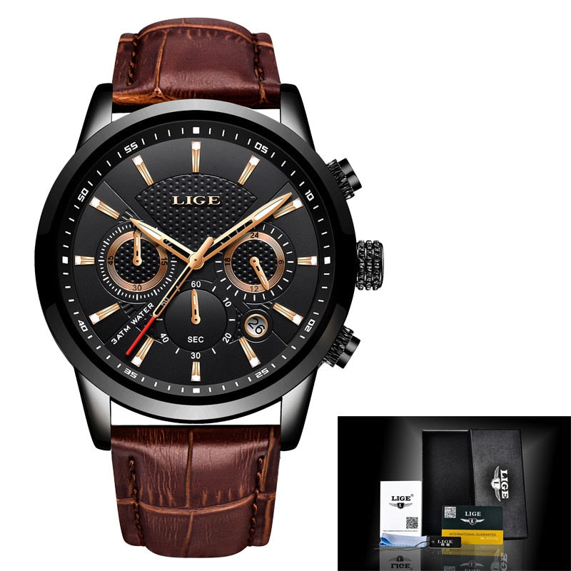 LIGE Leather Strap Watch