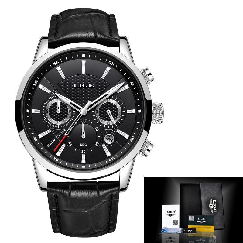 LIGE Leather Strap Watch