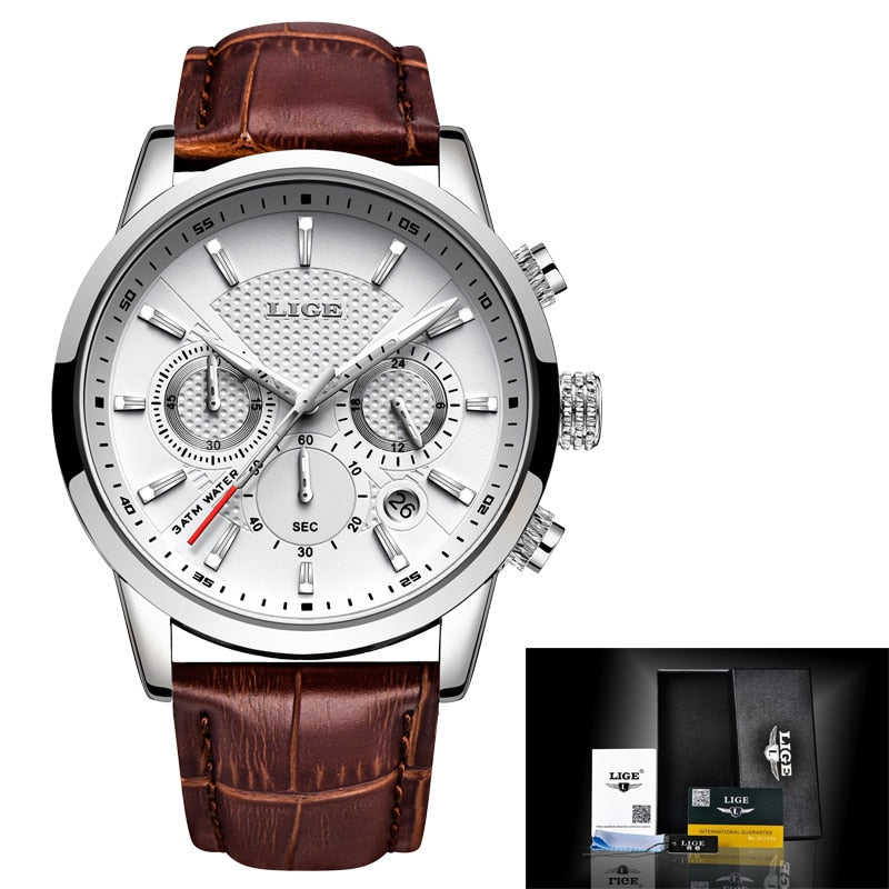 LIGE Leather Strap Watch