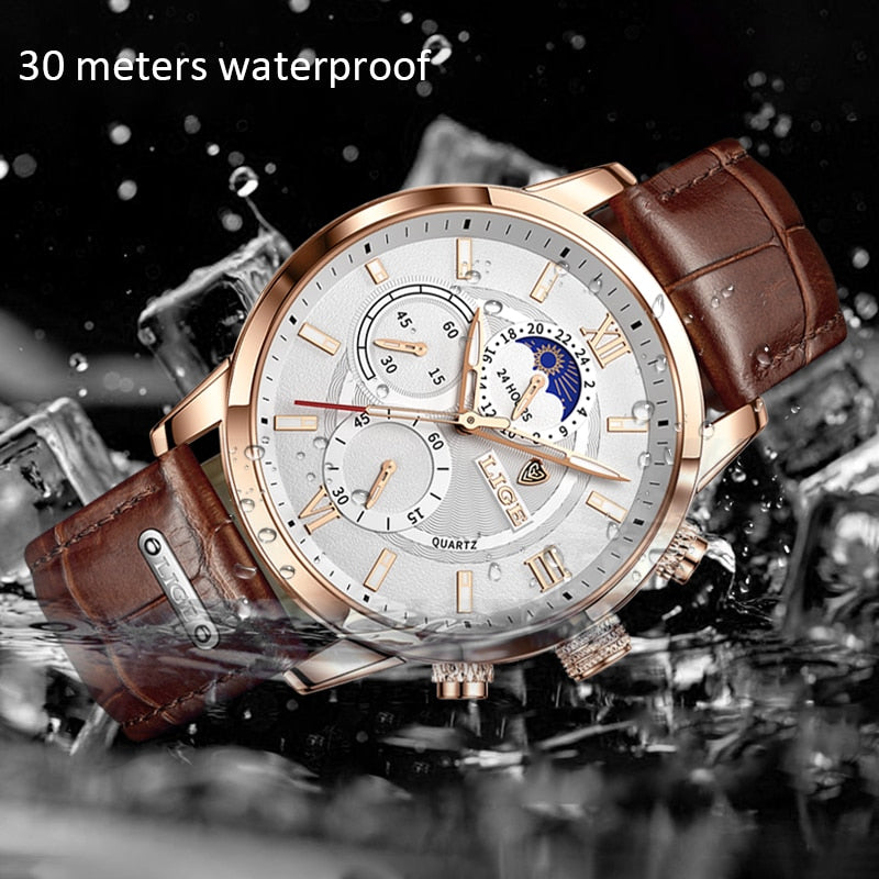 LIGE Leather Strap Watch