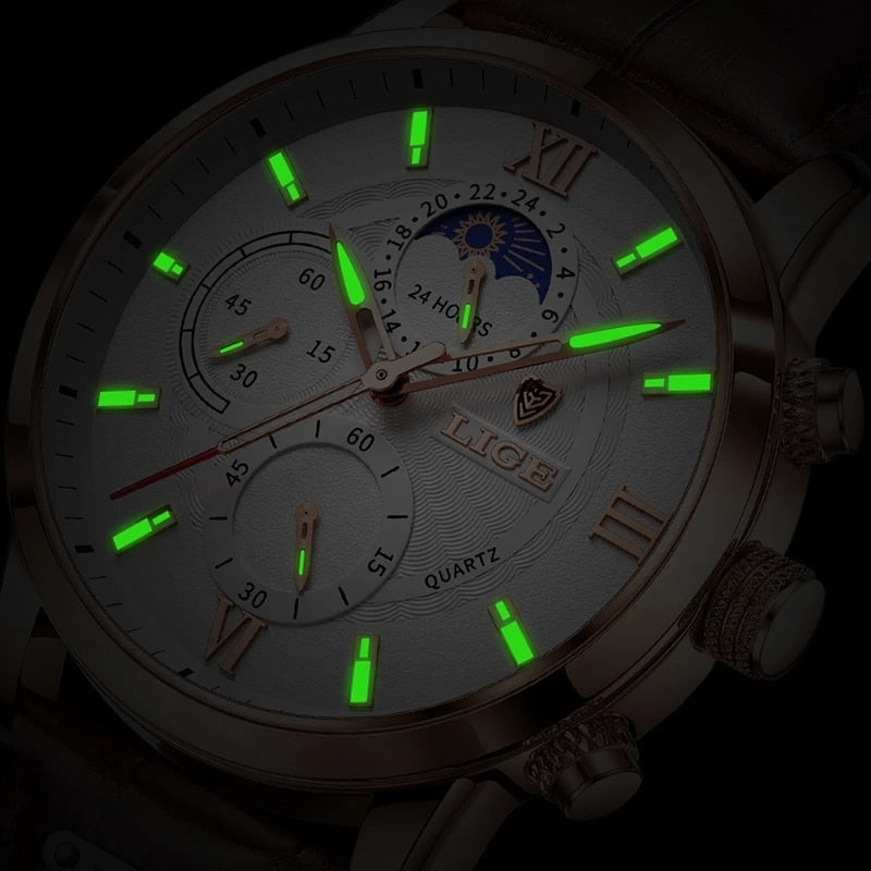 LIGE Leather Strap Watch