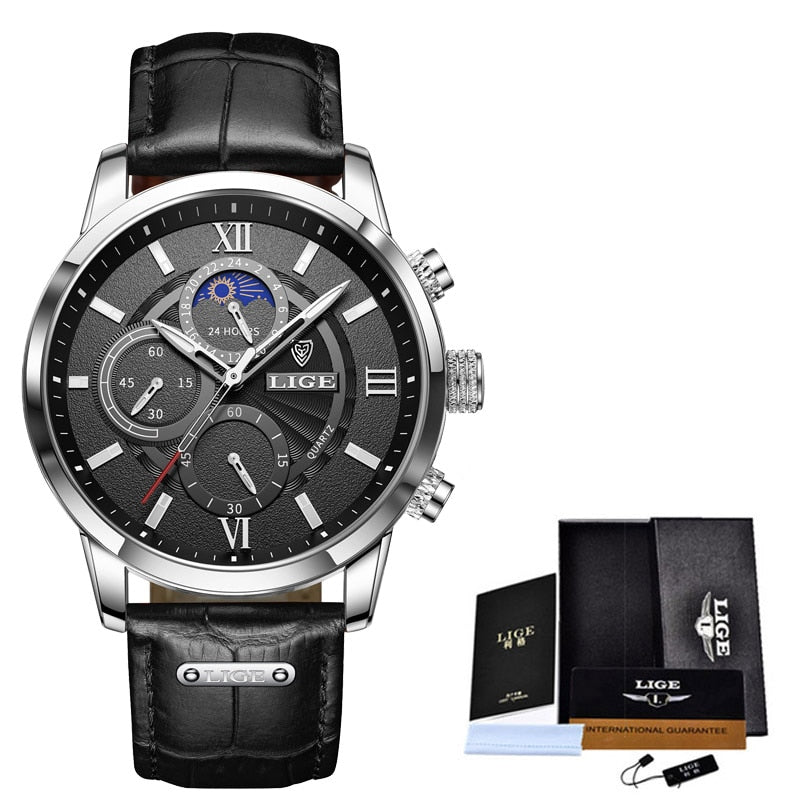LIGE Leather Strap Watch