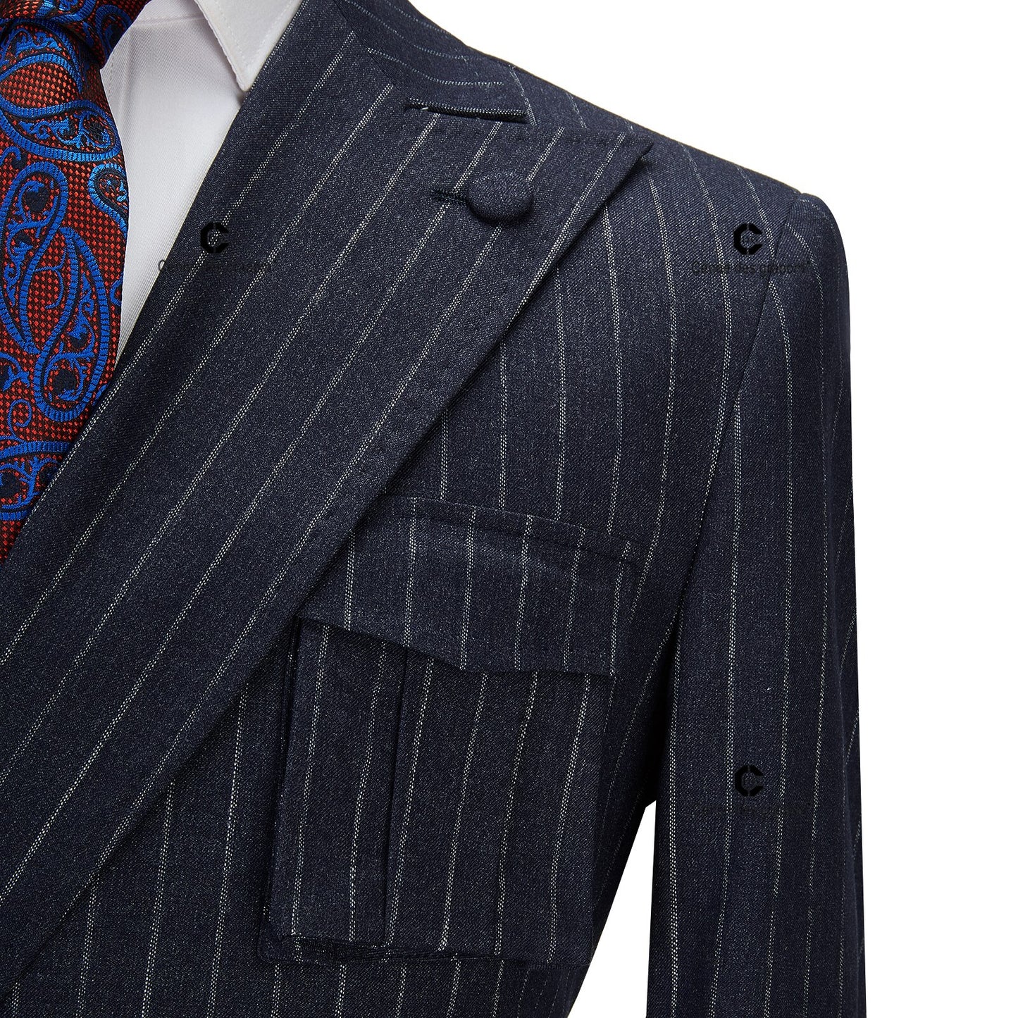 Cenne Des Graoom Navy Blue Pinstripe Suit Right Side Button Jacket Pants 2 Pcs Slim Fit Groomsman Wedding Dress Party
