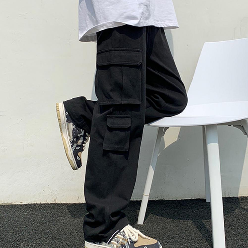 Solid Color Multi-Pockets Straight Pants