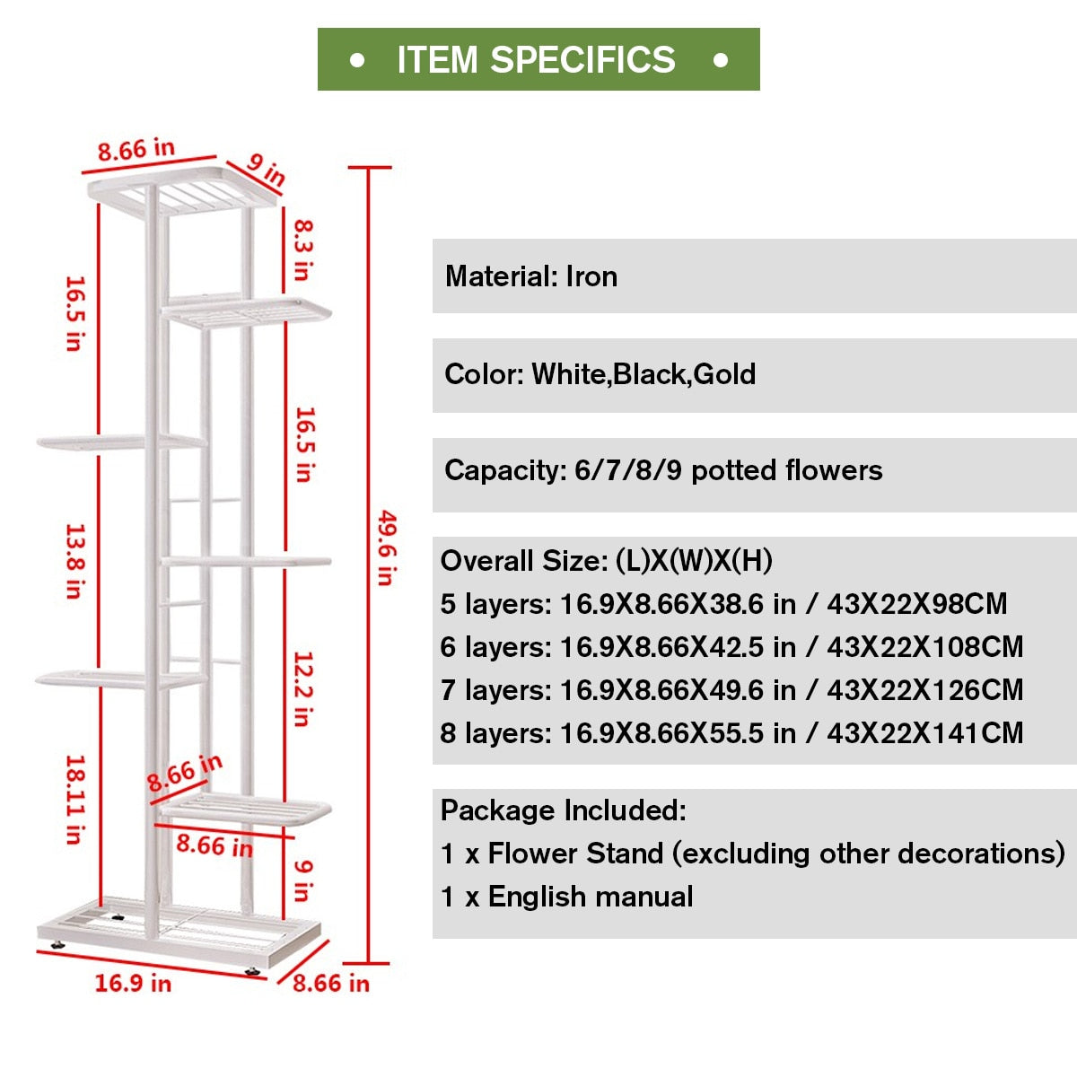 Iron Shelved 8 Tier Plant Stand