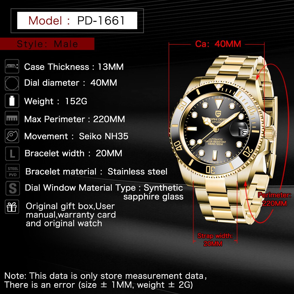 PAGANI Design Stainless Steel 100m Waterproof Watch