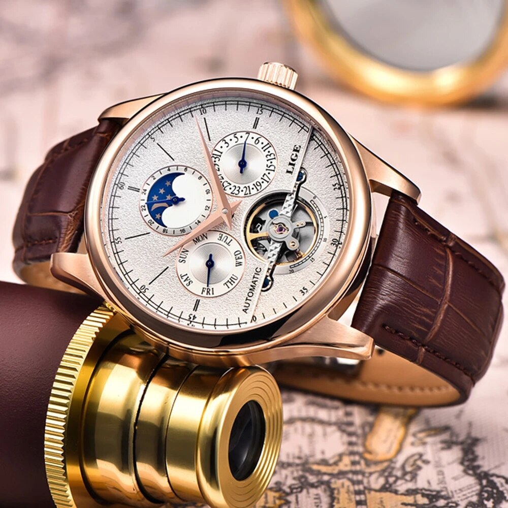 LIGE Leather Tourbillon Watch