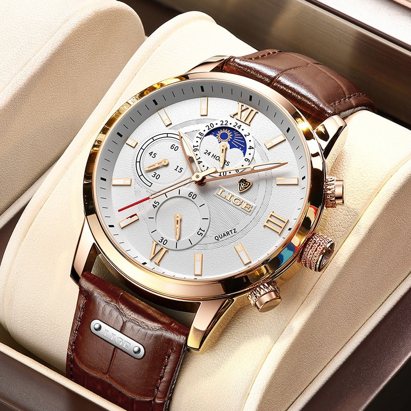 LIGE Leather Strap Watch