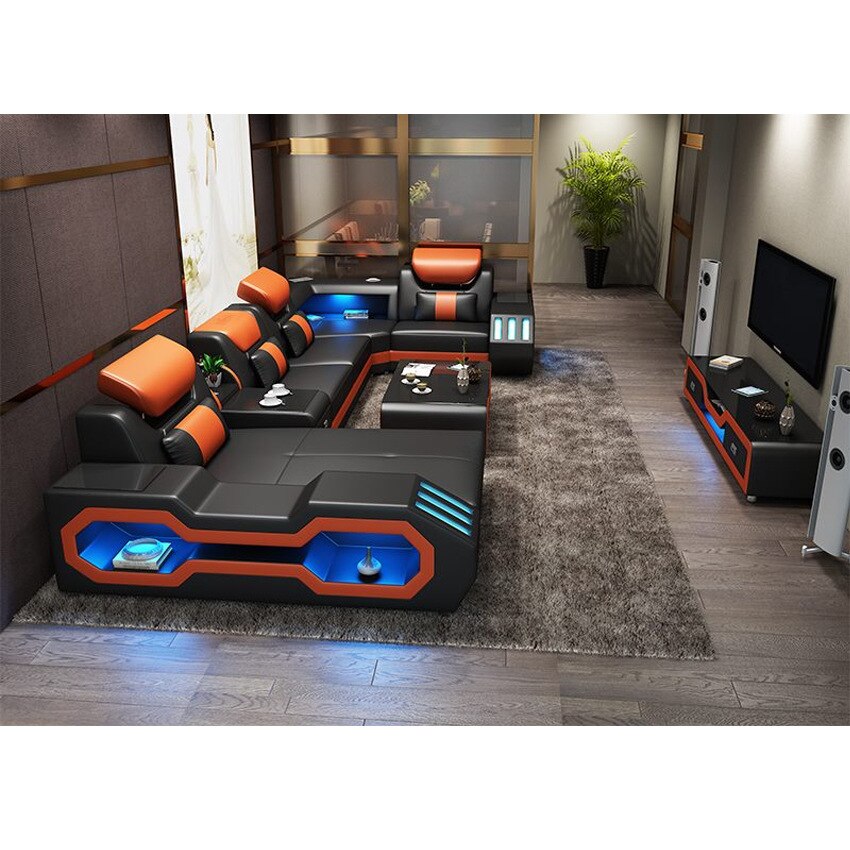 MANBAS Luxury Smart Living Room Sofa w/ BT, Speakers, Coffee Table & TV Stand