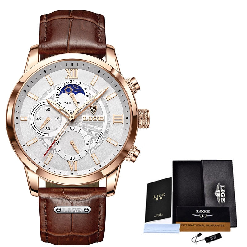 LIGE Leather Strap Watch