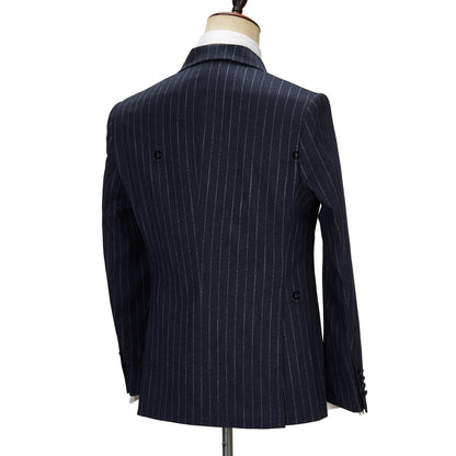 Cenne Des Graoom Navy Blue Pinstripe Suit Right Side Button Jacket Pants 2 Pcs Slim Fit Groomsman Wedding Dress Party