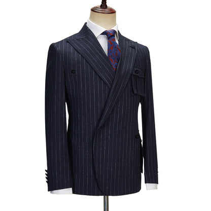 Cenne Des Graoom Navy Blue Pinstripe Suit Right Side Button Jacket Pants 2 Pcs Slim Fit Groomsman Wedding Dress Party