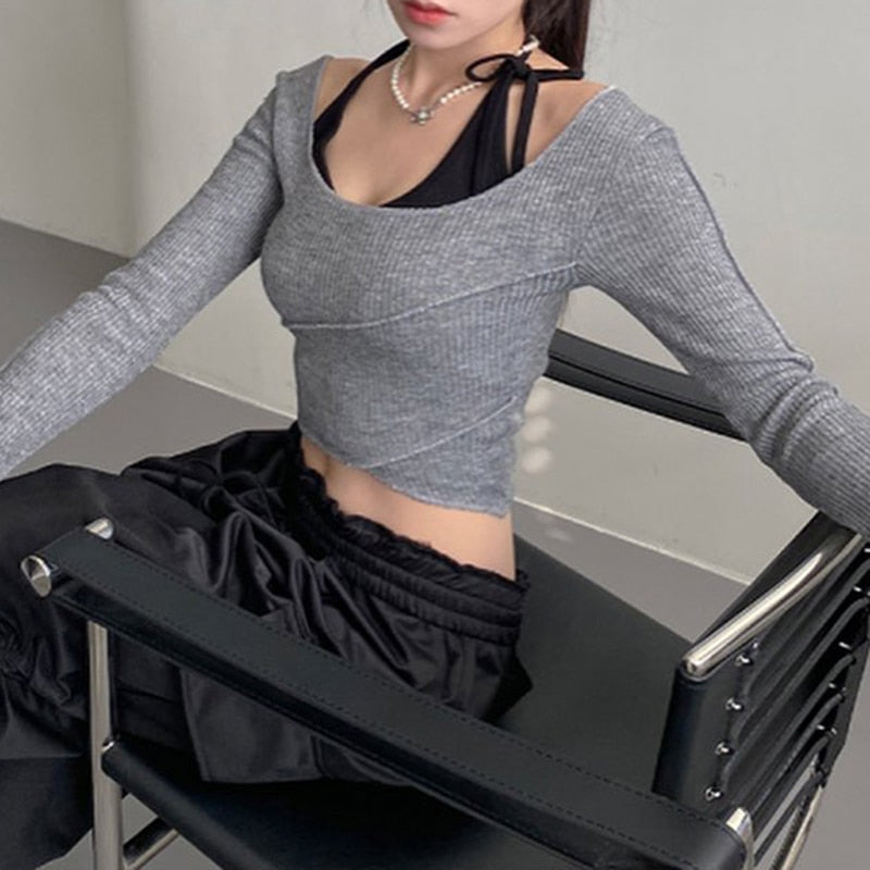 Grey Patchwork Halter Top