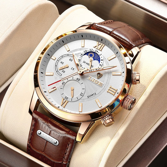 LIGE Leather Strap Watch